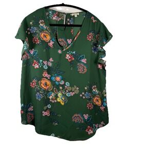 Blouse V-Neck XL Top Cottage Fairy Whimsy Floral Green Ruffle Sleeves Summer
